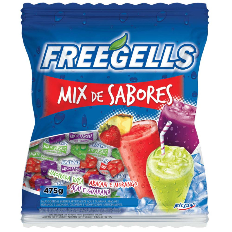 BALA FREEGELLS RICLAN DURA 475GR MIX DE SABORES (LIMONADA SUIÇA, ABACAXI E MORANGO, AÇAÍ E GUARANÁ) - UNIDADE