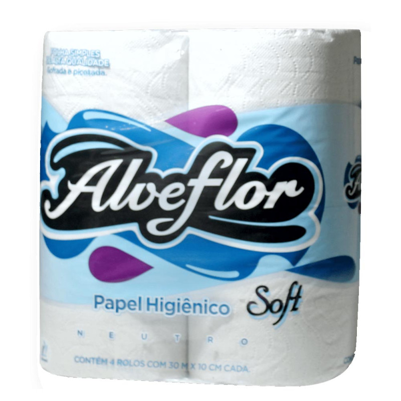 PAPEL HIGIÊNICO C/4 ROLOS 30 METROS ALVEFLOR SOFT FOLHA SIMPLES - FD COM 16 PC