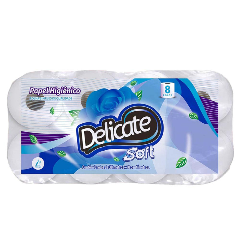 PAPEL HIGIÊNICO C/8 ROLOS 30 METROS DELICATE SOFT FOLHA SIMPLES - FD COM 8 PC