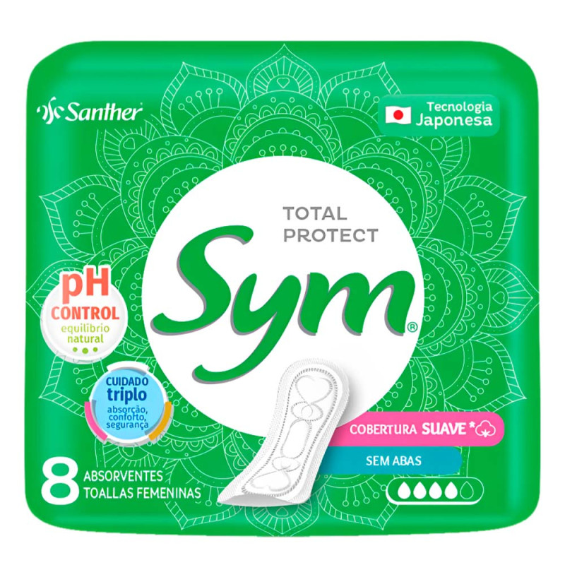 ABSORVENTE SYM C/ 8UN TOTAL PROTECT SEM ABAS SUAVE - PC COM 12 UN