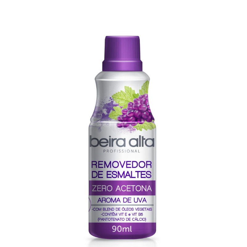 REMOVEDOR DE ESMALTES ZERO ACETONA BEIRA ALTA 90ML UVA - CX COM 24 UN