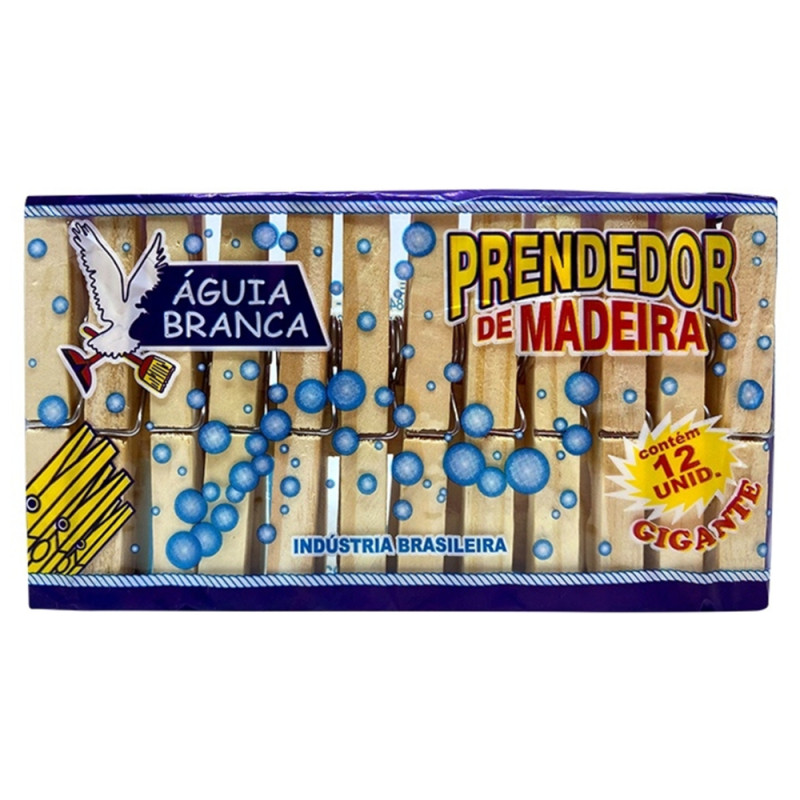 PRENDEDOR DE ROUPA ÁGUIA BRANCA MADEIRA C/12 GRANDE - CX COM 50 UN