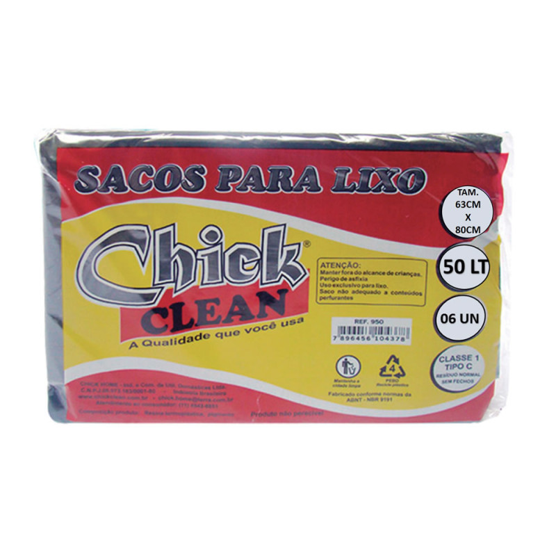 SACO P/ LIXO CHICK CLEAN 50LT C/6UN - TAMANHO 63X80CM - PC COM 20 UN