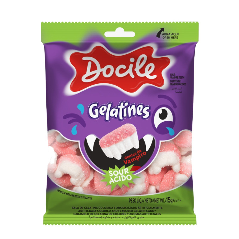 BALA DE GELATINA DOCILE 15GR DENTES DE VAMPIRO ÁCIDOS - DP COM 12 UN 