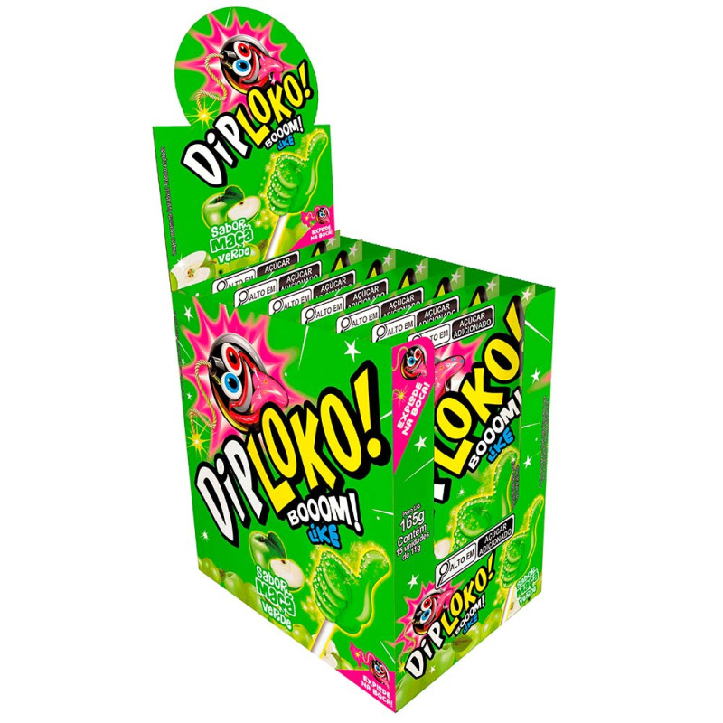 PIRULITO DIP LOKO BOOOM LIKE 165GR MAÇÃ VERDE - DP COM 15 UN