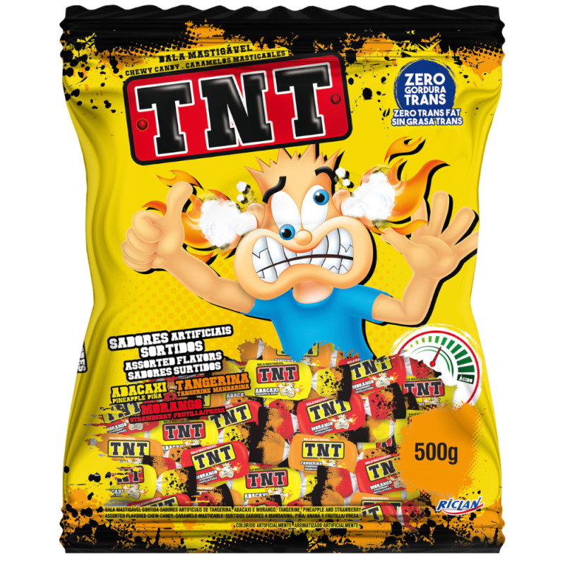 BALA RICLAN MASTIGÁVEL TNT 500GR SORTIDAS ABACAXI, TANGERINA E MORANGO - UNIDADE