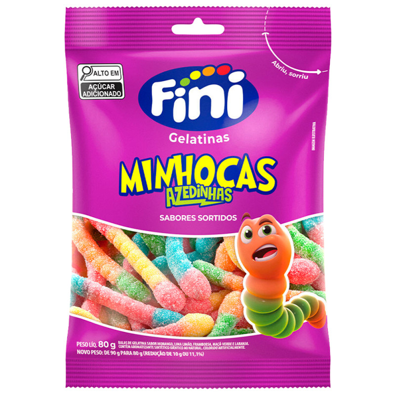 BALA DE GELATINA FINI 80GR MINHOCAS AZEDINHAS - CX COM 12 UN