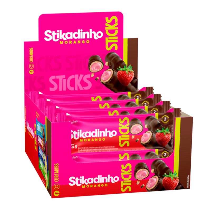 CHOCOLATE STIKADINHO STICKS 32GR MORANGO - DP COM 16 UN