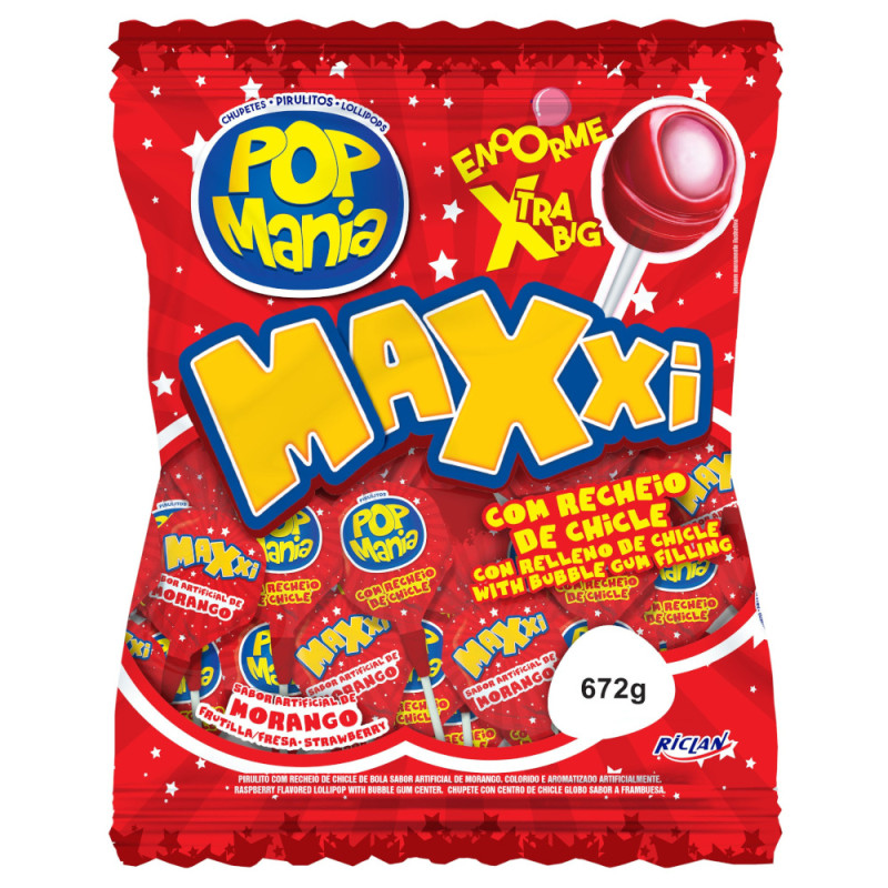 PIRULITO POP MANIA MAXXI RICLAN - MORANGO PC COM 24 UN