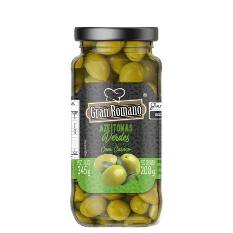 AZEITONAS VERDES GRAN ROMANO COPO 200GR COM CAROÇO - CX COM 12 UN