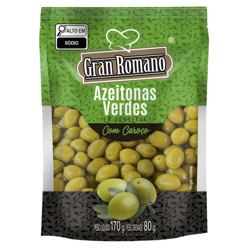 AZEITONAS VERDES GRAN ROMANO SACHÊ 80GR COM CAROÇO - CX COM 30 UN