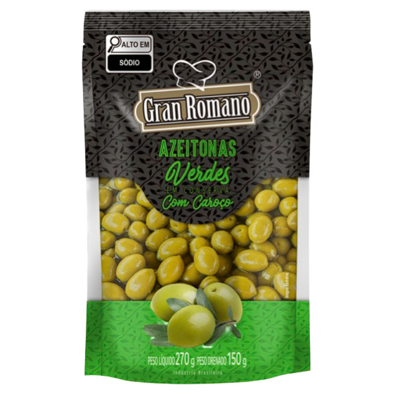 AZEITONAS VERDES GRAN ROMANO SACHÊ 150GR COM CAROÇO - CX COM 18 UN