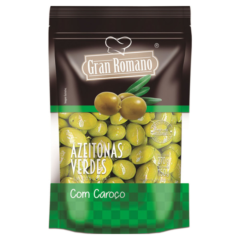 AZEITONAS VERDES GRAN ROMANO SACHÊ 150GR COM CAROÇO - CX COM 18 UN