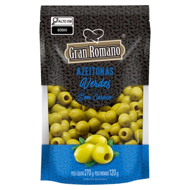 AZEITONAS VERDES GRAN ROMANO SACHÊ 120GR SEM CAROÇO - CX COM 18 UN