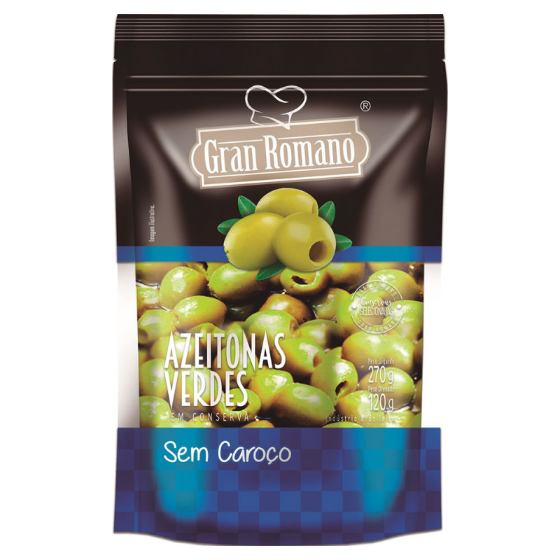 AZEITONAS VERDES GRAN ROMANO SACHÊ 120GR SEM CAROÇO - CX COM 18 UN
