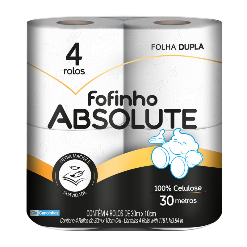 PAPEL HIGIÊNICO FOFINHO ABSOLUTE C/4 ROLOS 30 METROS FOLHA DUPLA - FD COM 24 PC