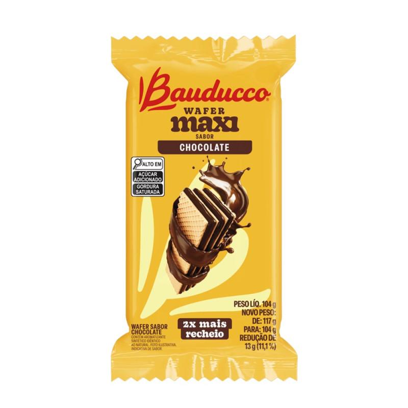 BISCOITO WAFER MAXI BAUDUCCO 104GR CHOCOLATE - CX COM 36 UN