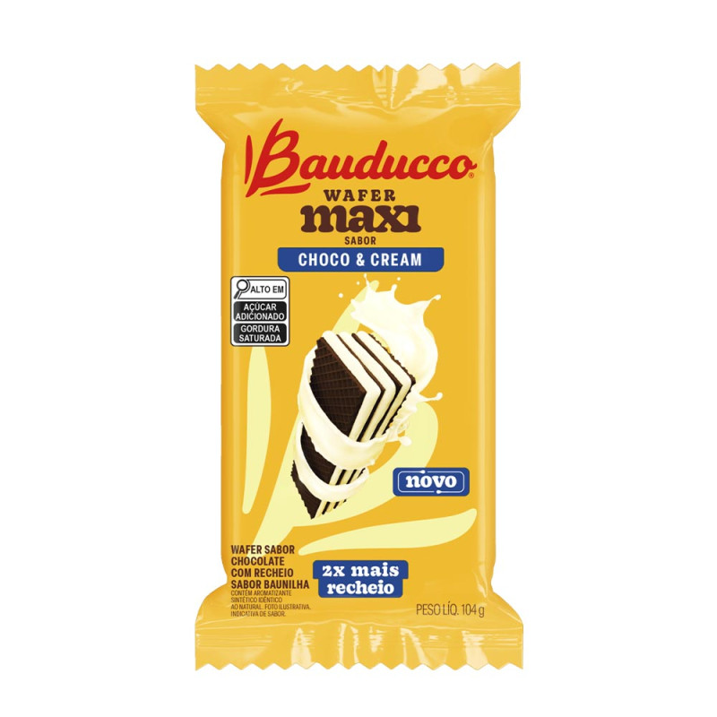 BISCOITO WAFER MAXI BAUDUCCO 104GR CHOCO & CREAM - CX COM 36 UN