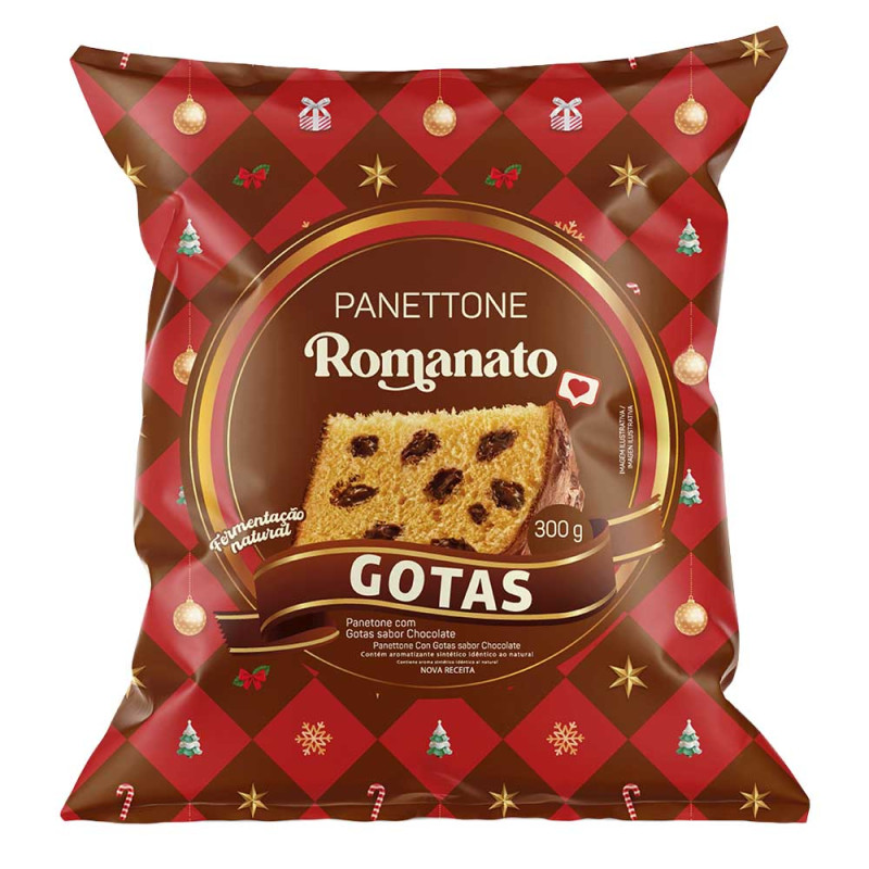 PANETTONE ROMANATO FLOWPACK 300GR GOTAS DE CHOCOLATE - CX COM 12 UN