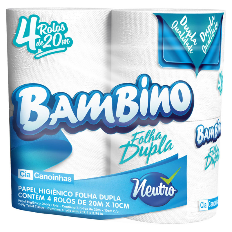 PAPEL HIGIÊNICO BAMBINO C/4 ROLOS 20 METROS FOLHA DUPLA - FD COM 24 PC