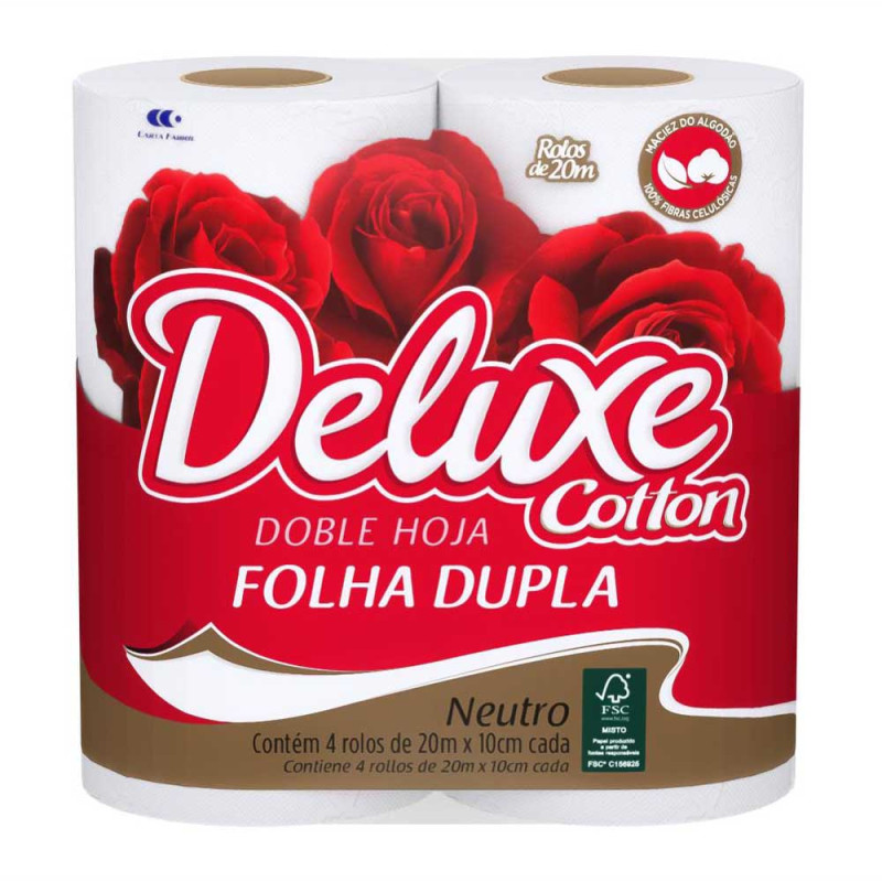 PAPEL HIGIÊNICO DELUXE COTTON C/4 ROLOS 30 METROS FOLHA DUPLA - FD COM 16 PC