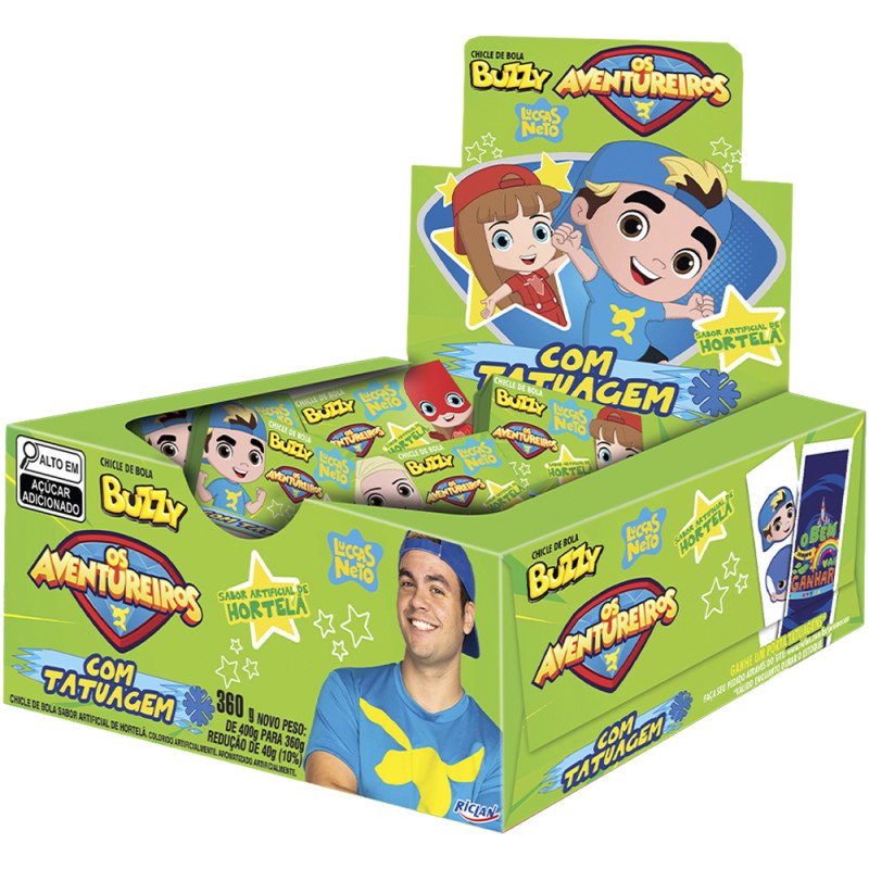 CHICLE BUZZY LUCCAS NETO FIGURINHAS RICLAN HORTELÃ 360GR - DP COM 90 UN
