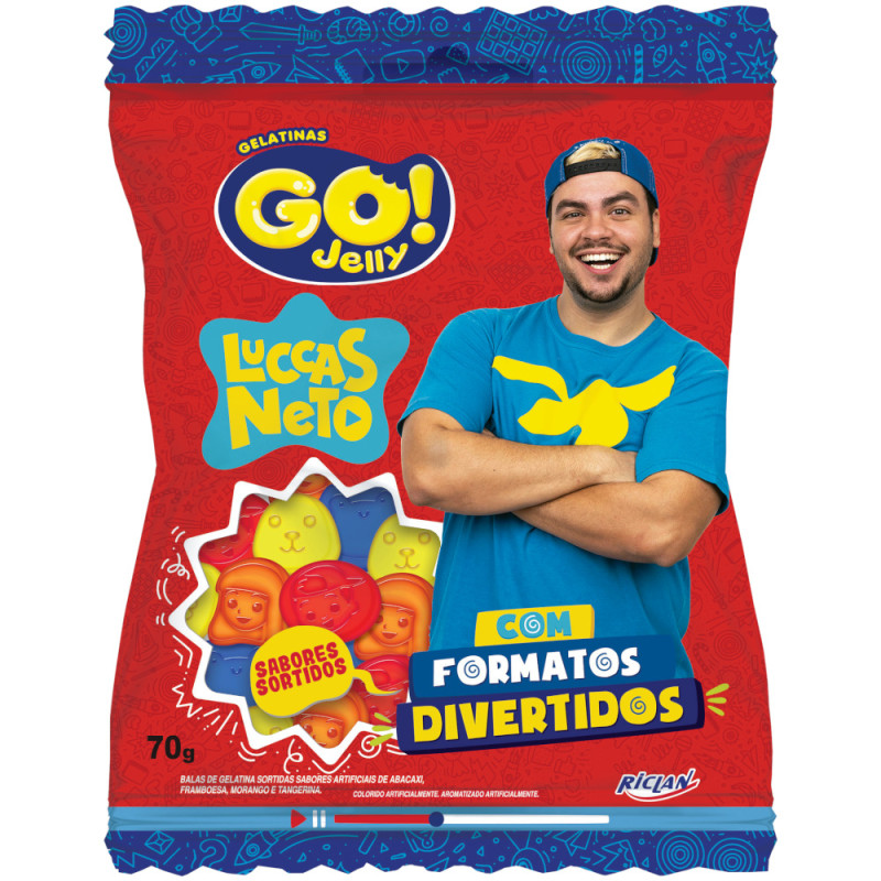 BALA GELATINA RICLAN GO JELLY 70GR LUCCAS NETO SABORES SORTIDOS - CX COM 12 UN