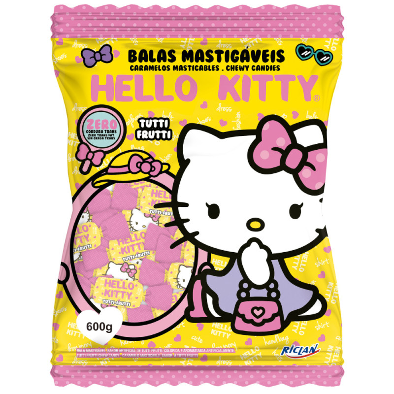 BALA RICLAN MASTIGÁVEL HELLO KITTY 600GR TUTTI FRUTTI - UNIDADE