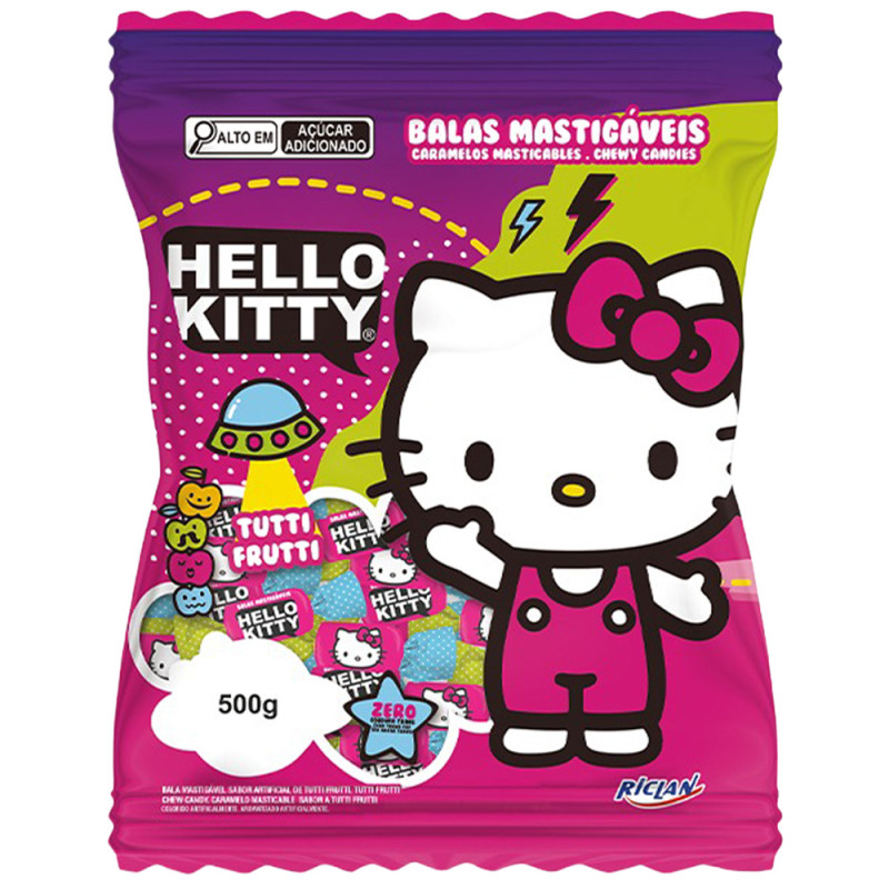 BALA RICLAN MASTIGÁVEL HELLO KITTY 500GR TUTTI FRUTTI - UNIDADE