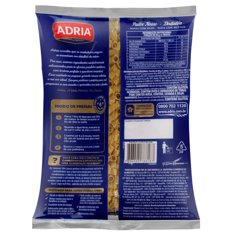 MACARRÃO ADRIA 500GR PADRE NOSSO - FD COM 20 UN