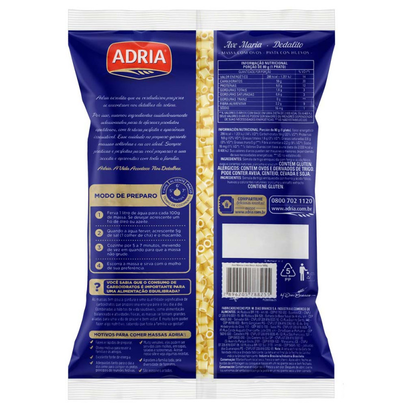 MACARRÃO ADRIA 500GR AVE MARIA - FD COM 20 UN