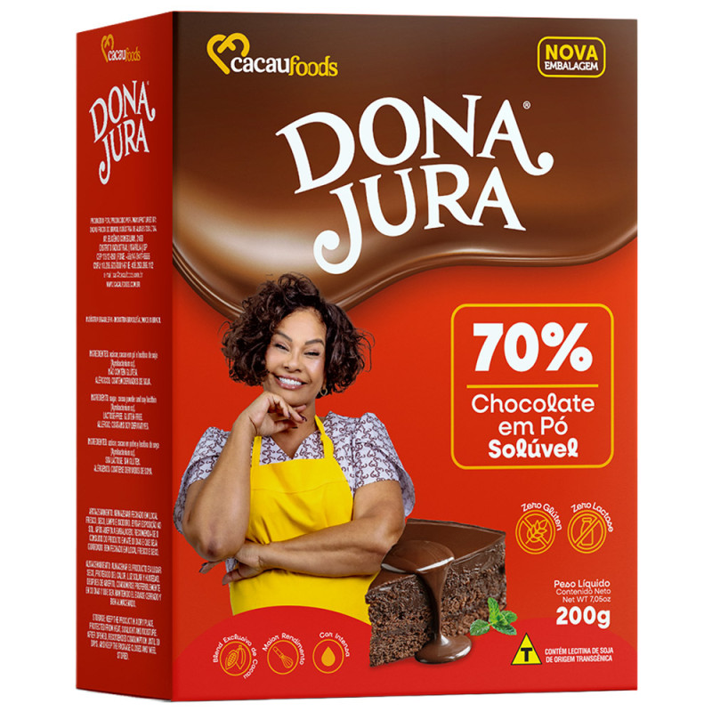 CHOCOLATE EM PÓ SOLÚVEL DONA JURA 200GR CACAU 70% - PC COM 12 UN