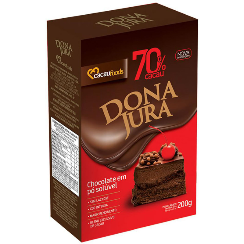 CHOCOLATE EM PÓ SOLÚVEL DONA JURA 200GR CACAU 70% - PC COM 12 UN