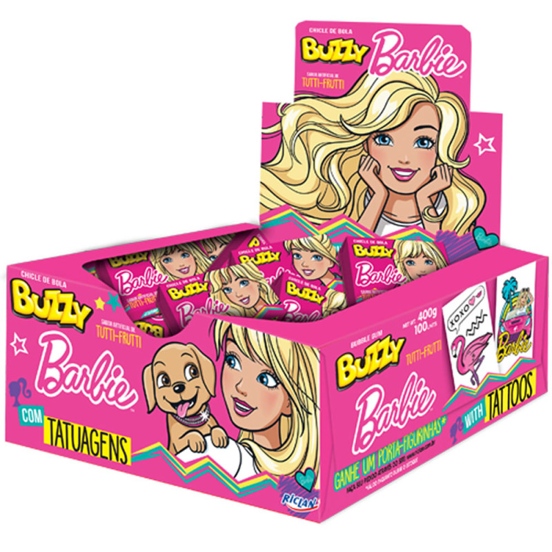 CHICLE BUZZY BARBIE TATUAGEM RICLAN TUTTI-FRUTTI 360GR - DP COM 90 UN