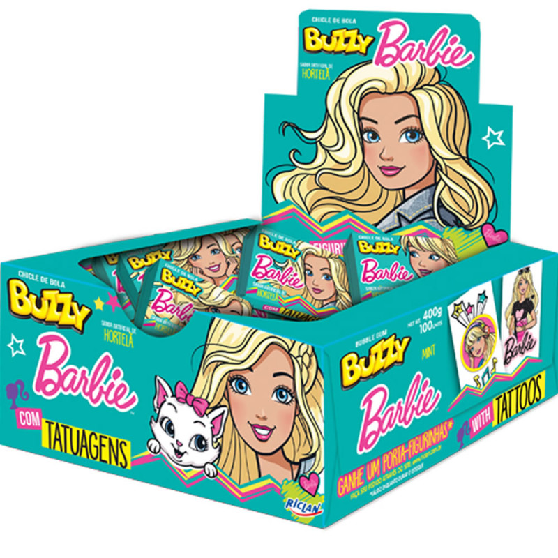 CHICLE BUZZY BARBIE TATUAGEM RICLAN HORTELÃ 360GR - DP COM 90 UN