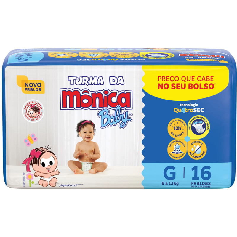 FRALDA TURMA DA MÔNICA BABY JUMBINHO C/16 - TAMANHO G FD COM 8 UN