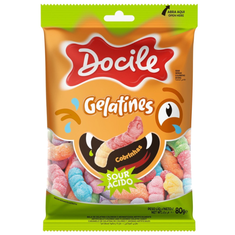 BALA DE GELATINA DOCILE COBRINHAS ÁCIDO 80GR - CX COM 12 PC