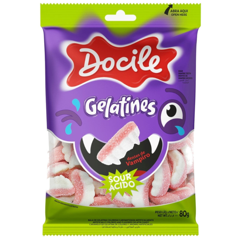 BALA DE GELATINA DOCILE DENTES DE VAMPIRO ÁCIDOS 80GR - CX COM 12 PC