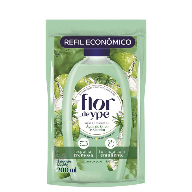 SABONETE LÍQUIDO FLOR DE YPÊ REFIL 200ML ÁGUA DE COCO E ALECRIM - CX COM 12 UN