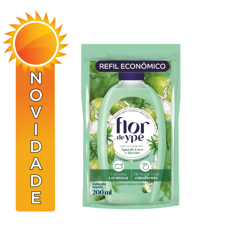 SABONETE LÍQUIDO FLOR DE YPÊ REFIL 200ML ÁGUA DE COCO E ALECRIM - CX COM 12 UN