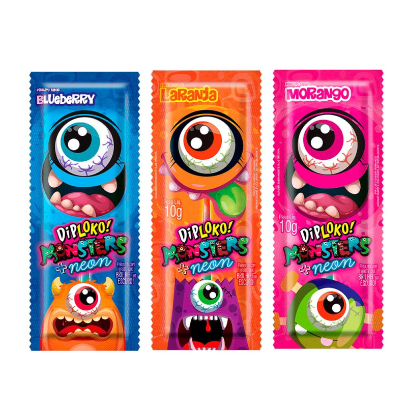 PIRULITO DIP LOKO NEON SORTIDOS 150GR MONSTERS - DP COM 15 UN