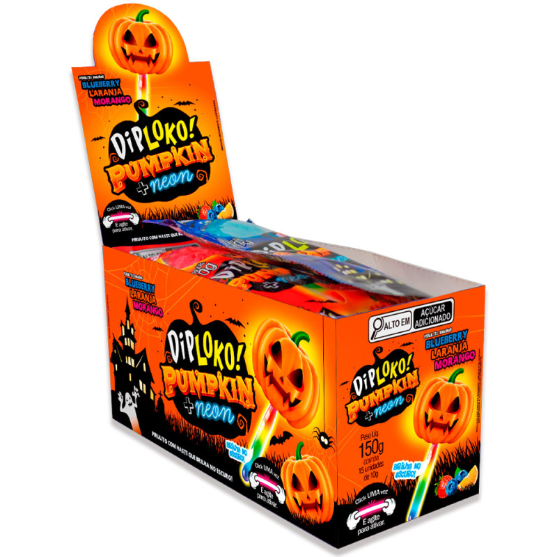PIRULITO DIP LOKO NEON SORTIDOS 150GR CABEÇA DE ABÓBORA - DP COM 15 UN