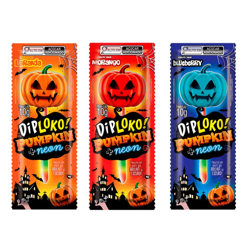 PIRULITO DIP LOKO NEON SORTIDOS 150GR CABEÇA DE ABÓBORA - DP COM 15 UN