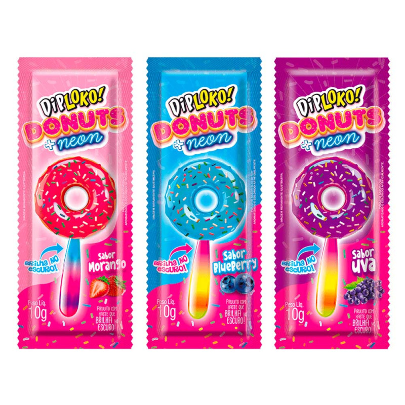 PIRULITO DIP LOKO NEON SORTIDOS 150GR DONUTS - DP COM 15 UN