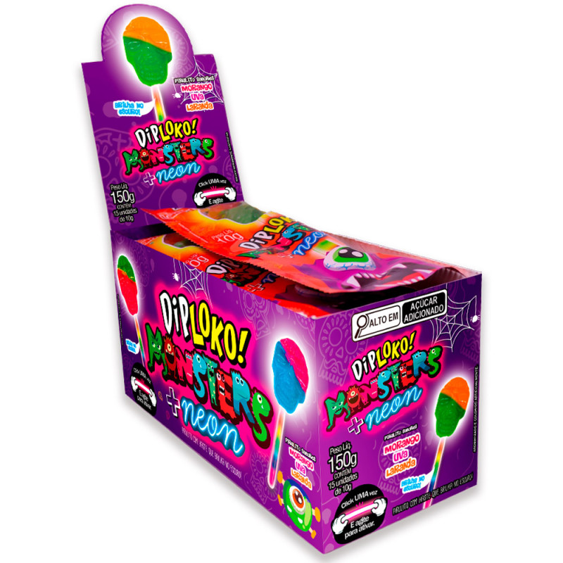 PIRULITO DIP LOKO NEON SORTIDOS 150GR MONSTERS CAVEIRA - DP COM 15 UN