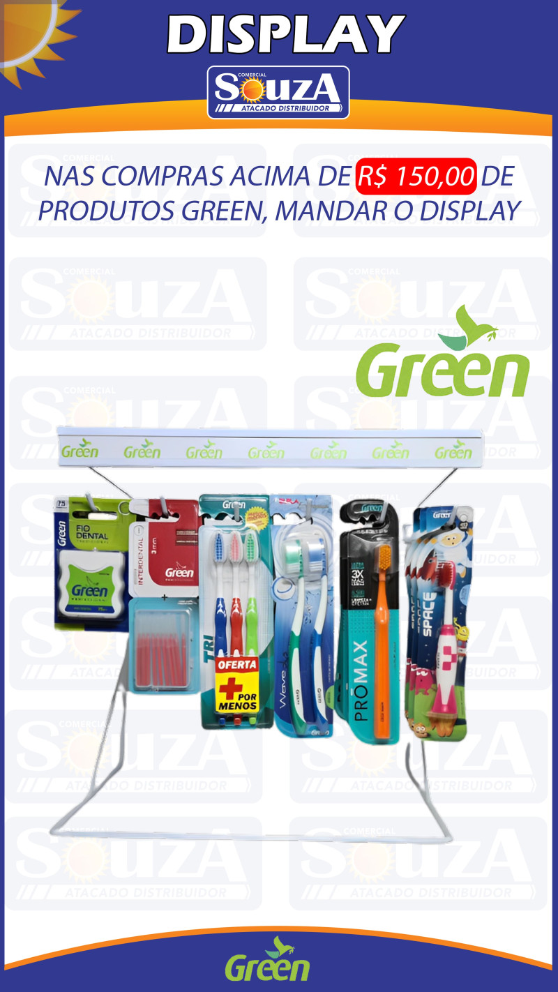 DISPLAY ESCOVA E FIO DENTAL BALCAO GREEN - 6 GANCHOS . COM 1 UN