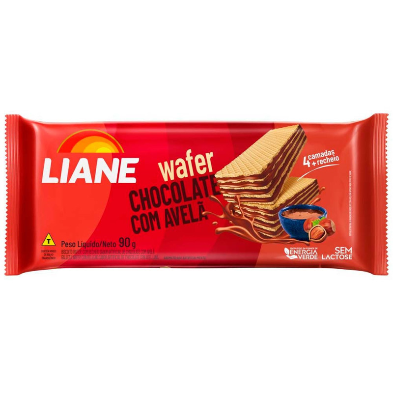 BISCOITO WAFER LIANE 90GR CHOCOLATE COM AVELÃ - CX COM 55 UN