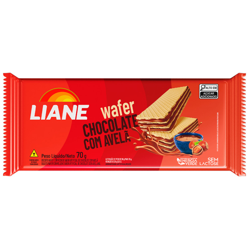 BISCOITO WAFER LIANE 70GR CHOCOLATE COM AVELÃ - CX COM 40 UN