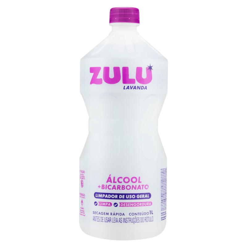 ÁLCOOL COM BICARBONATO ZULU 1 LITRO LAVANDA - CX COM 12 UN