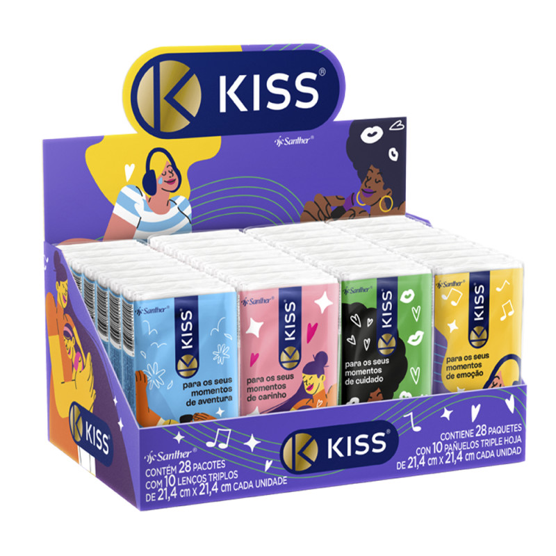LENÇO DE PAPEL TRIPLO KISS 21,4X21,4CM 10 FOLHAS - DP COM 28 UN
